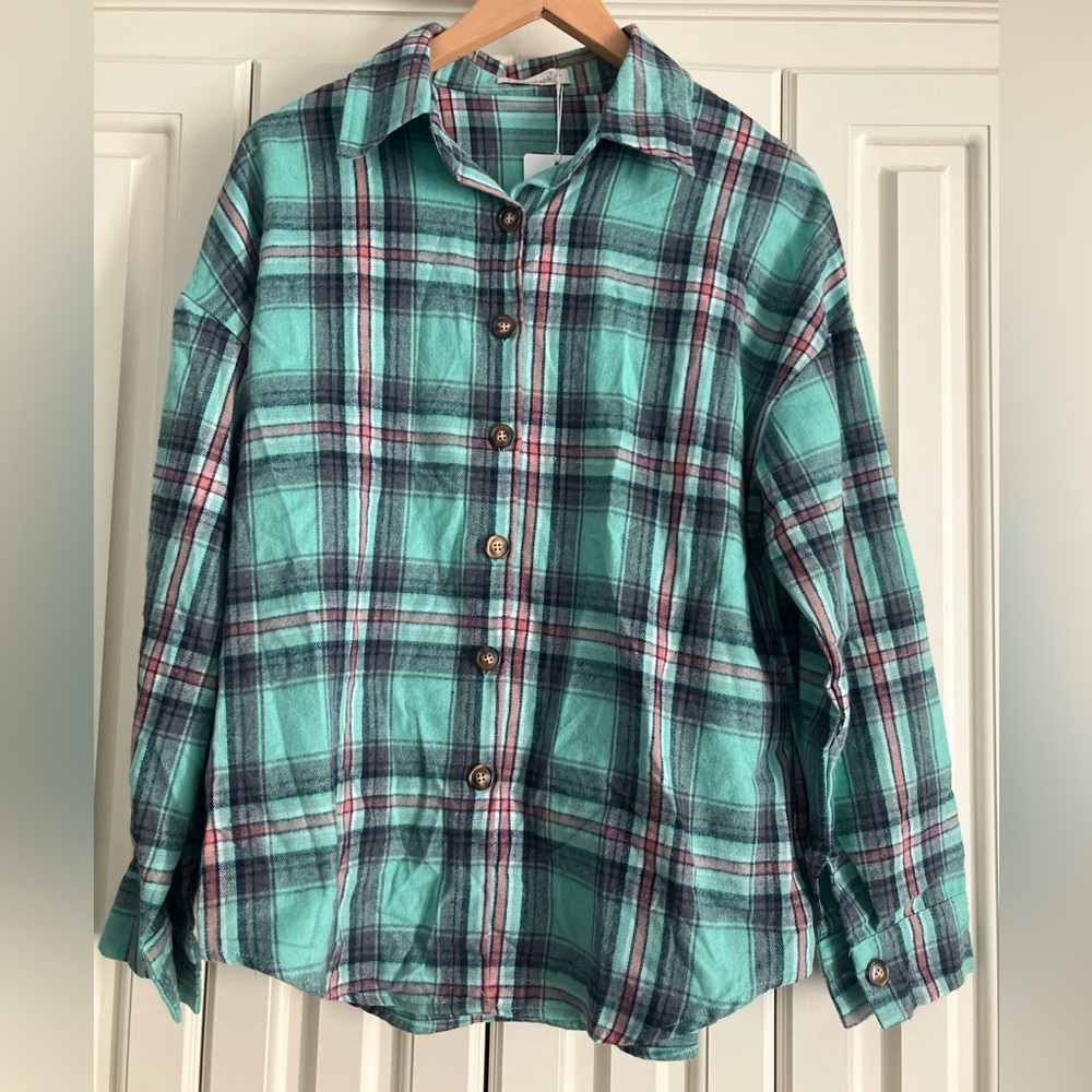 Fantaslook‎ Plaid Green Pink Flannel Button Down Shirt Size S NWT Coquette Girl